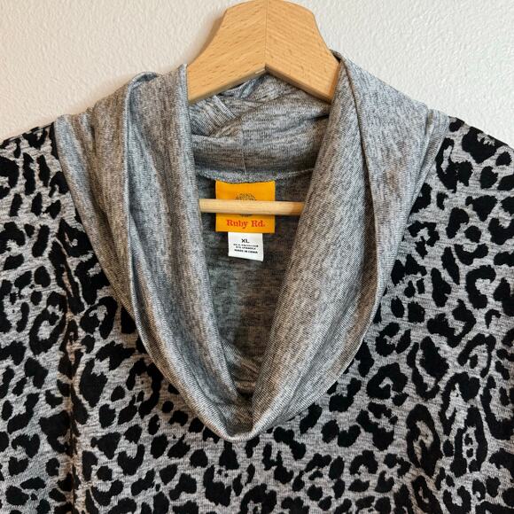Ruby Rd Cowl Neck Tunic Top Women Fringe Leopard Artsy Stretch Animal Print XL - Picture 2 of 9